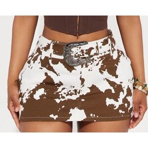 Fashion Nova Got Away Belted Micro Mini Skirt Brown White Cow Print XL